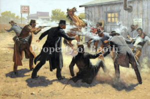 © John Wade Hampton, 1881-Gunfight At The O.K. Corral/The First Six Seconds, 1997, oil on canvas, 43" x 59.5"