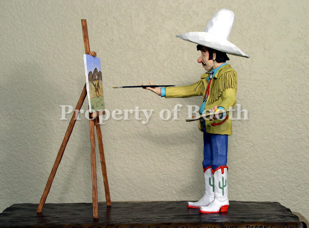 © Gene Zesch, Elliot Feels That To Paint The Cowboy Authentically, He Must Become One, 2001, painted bronze, 11.5 x 15 x 7″