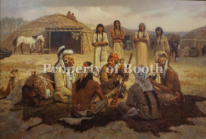 © Gary Kapp, First Trade Guns to the Pawnee, ca. 1979, oil, 31" x 43", The Frank Harding Collection