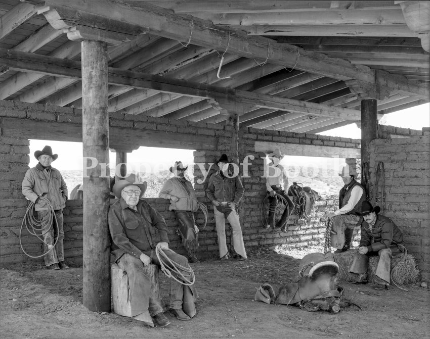© Jay Dusard, Joe Beeler, Frank Polk, Gordon Snidow, Bill Owen, Fred Fellows, Gary Niblett, and Bill Nebeker, members of the Cowboy Artists of America, Owen Ranch, Arizona, 1985, Pigment Print , 26.75"" x 30.75", PH2016.001.001, Gift of Mark McDowell and Jay Dusard