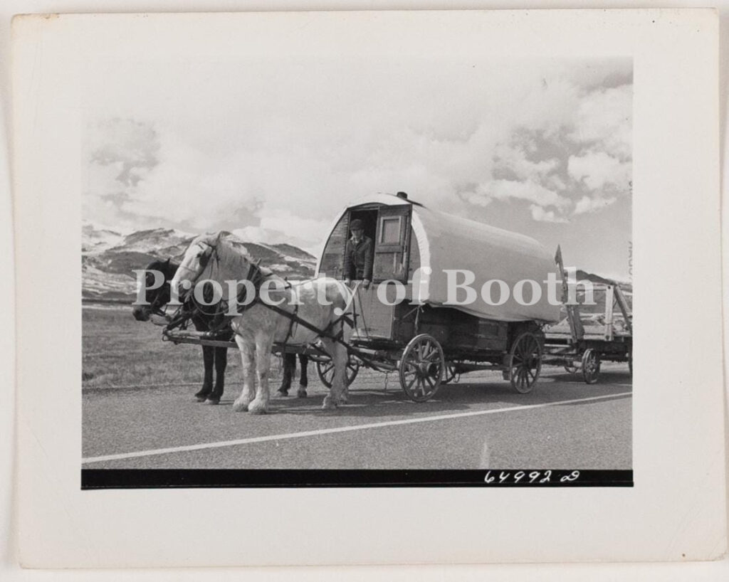 © John Vachon, Beaverhead County, Montana, Sheep Wagon Coming Down From the Range for Lambing, 1942, Silver Gelatin Print , 3" x 4", PH2020.006.010, Museum Purchase