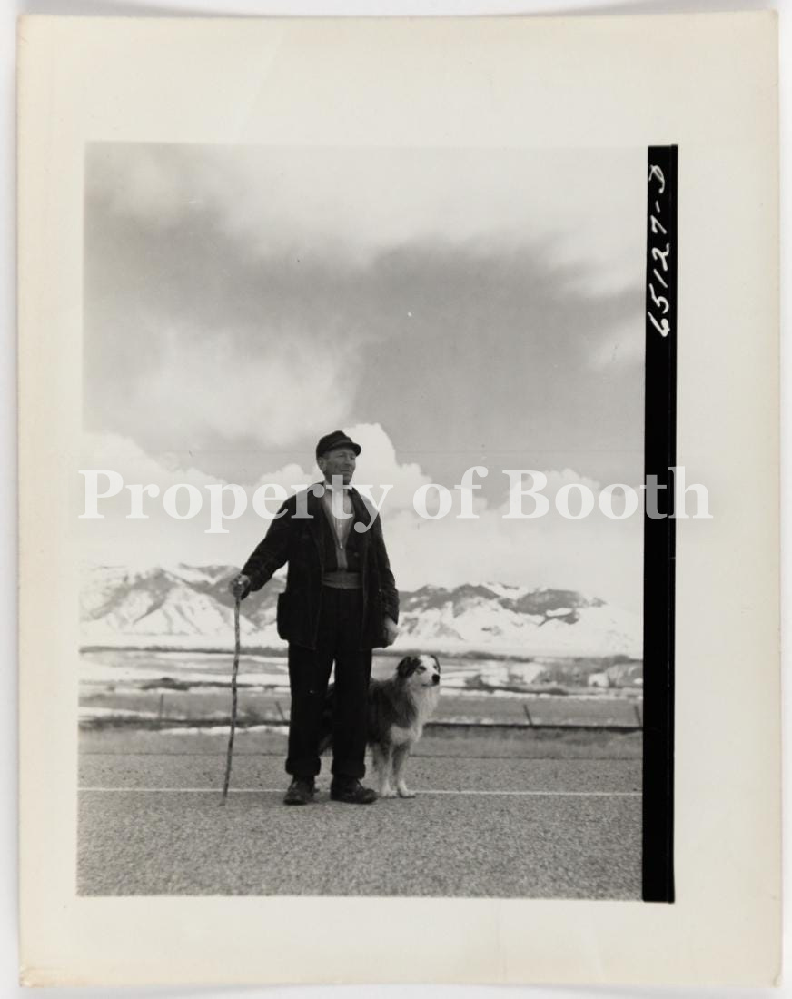 © John Vachon, Beaverhead County, Montana, Sheepherder who is coming down from the winter range for the lambing season (Portrait of Man and His Dog), 1942, Silver Gelatin Print , 3" x 4", PH2020.006.013, Museum Purchase
