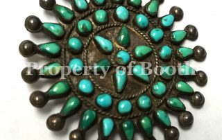 Silver brooch with turquoise, Zuni, 2 x 2", Gift of Ms. Jeanette Martin