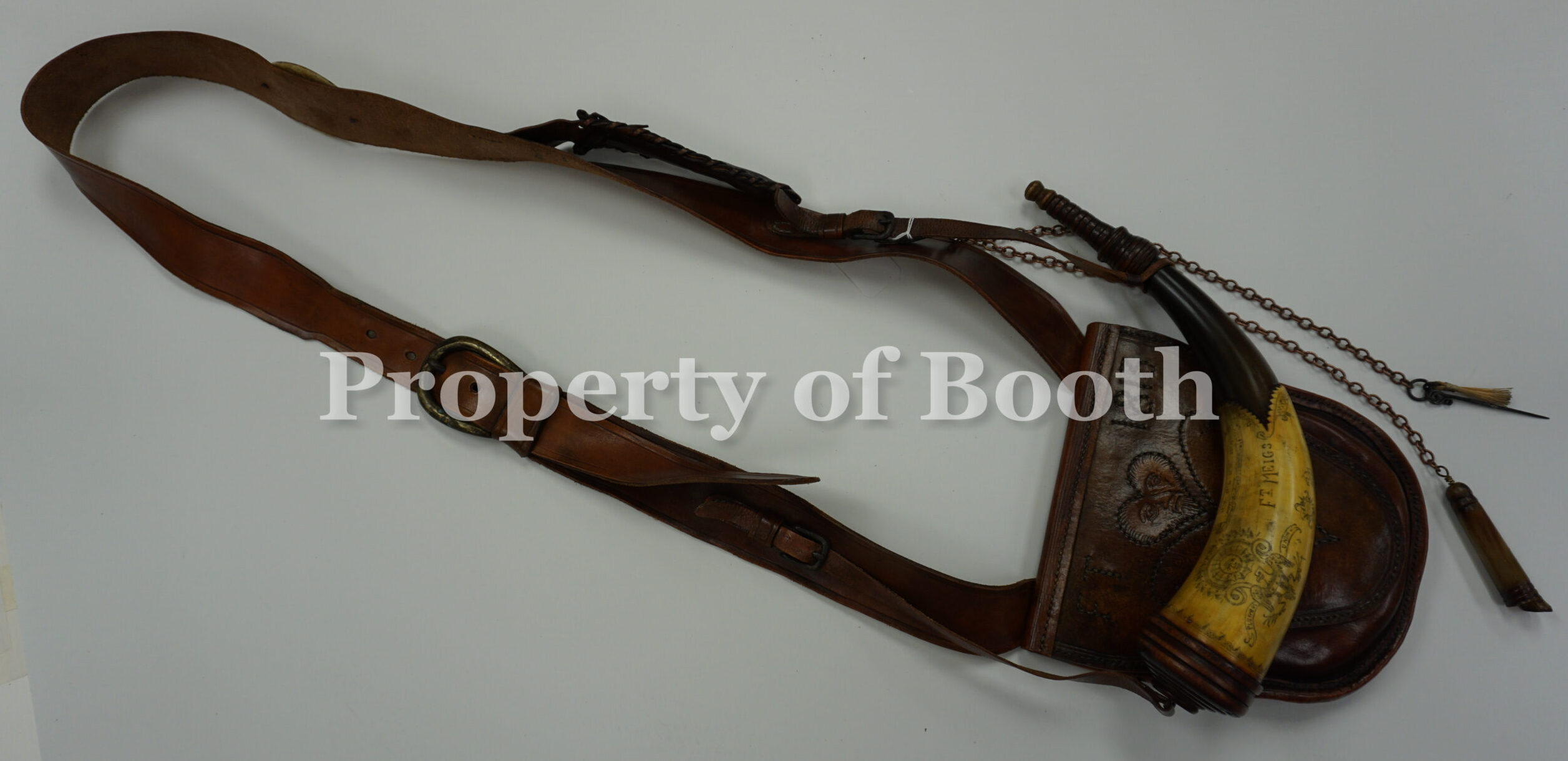 Powder horn with leather bag, 35 x 8.5 x 3", The Barbara H. & Robert P. Hunter, Jr. Legacy Collection
